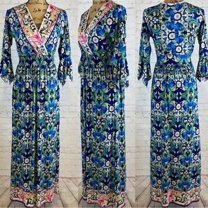 Lapogee Blue/Pink Boho Print Bell Sleeve Maxi